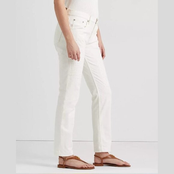 Lauren Ralph Lauren Eyelet-Patchwork Relax White Wash Jeans Pants - Picture 4 of 5